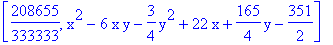[208655/333333, x^2-6*x*y-3/4*y^2+22*x+165/4*y-351/2]